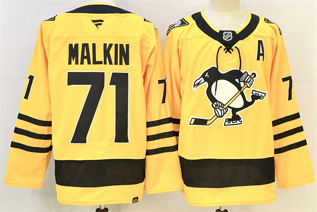 Men's Pittsburgh Penguins #71 Evgeni Malkin Gold 2025/26 With A Patch  Alternate Stitched Hockey Jersey